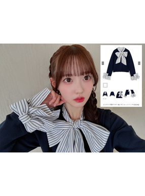 ストライプ柄ボウタイ袖リボンニットトップス