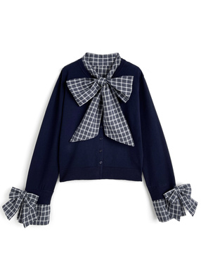チェック柄ボウタイ袖リボンニットトップス