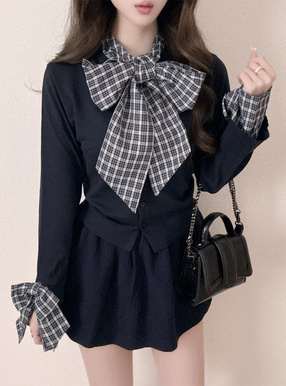 チェック柄ボウタイ袖リボンニットトップス