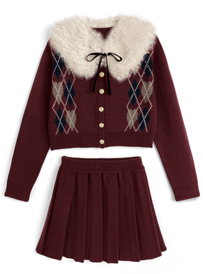 ファーティペット付きアーガイル柄カーディガン×プリーツスカートニットセットアップ