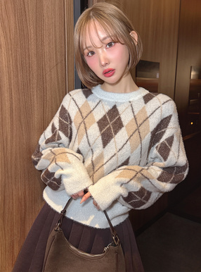 アーガイル柄ラメシャギーニットトップス