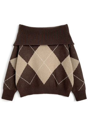アーガイル柄オフショルダーニットトップス