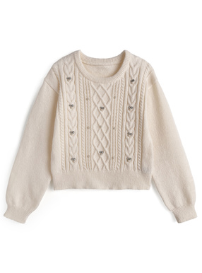 ビジューケーブル編みニットトップス
