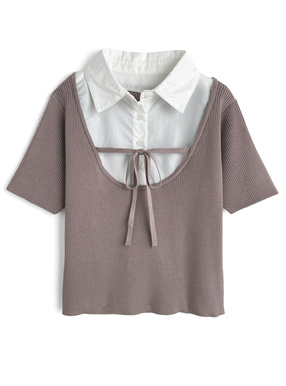 シャツレイヤード風リブニットトップス