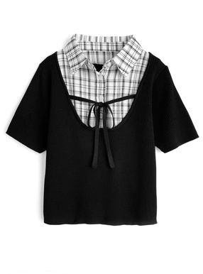 シャツレイヤード風リブニットトップス