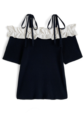 リボンフリルオフショルダーニットトップス