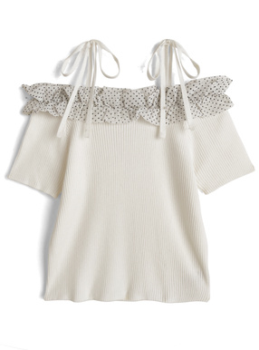 ドット柄フリルリボンオフショルダーニットトップス