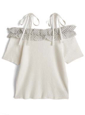 ドット柄フリルリボンオフショルダーニットトップス