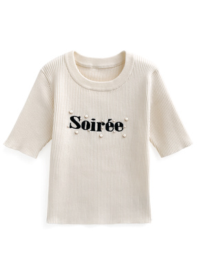 パールロゴ刺繍リブニットトップス