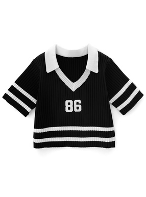 ロゴ刺繍配色ラインリブニットショート丈トップス