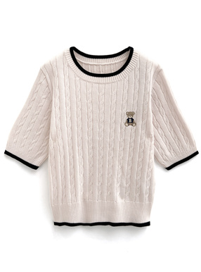 テディベア刺繍ラインケーブルニットトップス