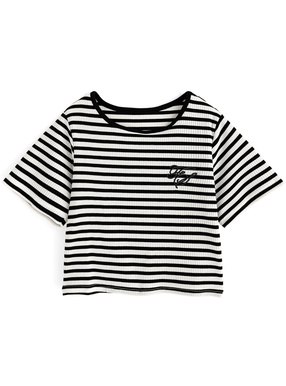 ボーダー柄ロゴ刺繍テレコリブトップス