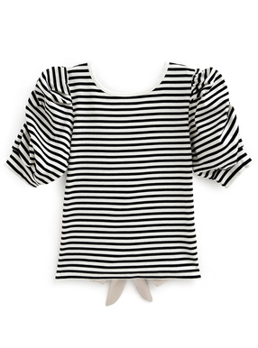 ボーダー柄バックリボンテレコリブトップス