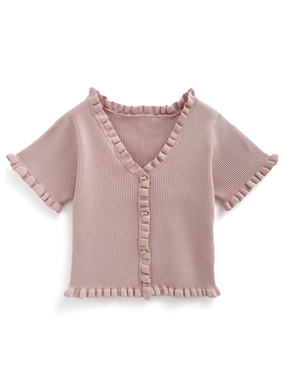 リボンボタンフリルリブニットトップス