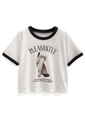 キャットプリントリンガーTシャツ