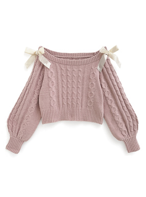 ケーブル編みリボンオフショルニットトップス
