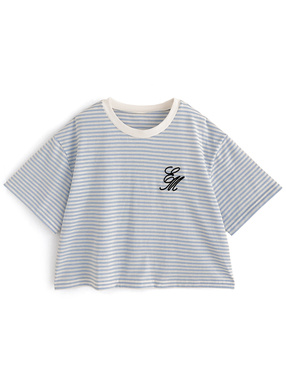 ボーダー柄ロゴ刺繍ショート丈Tシャツ