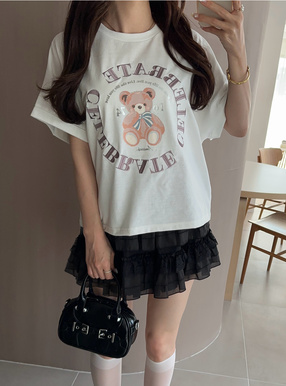 くまプリントサークルロゴ刺繍Tシャツ