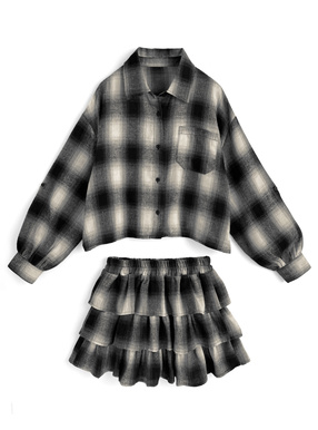2Wayチェック柄シャツ×フリルティアードミニスカートセットアップ