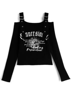 オフショルダーベルトロゴプリントリブニットトップス