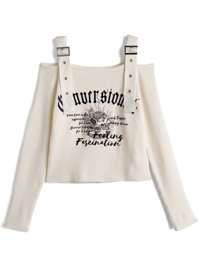 オフショルダーベルトロゴプリントリブニットトップス