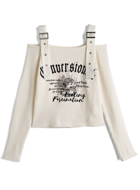オフショルダーベルトロゴプリントリブニットトップス