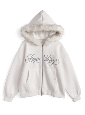 ファーフードロゴ刺繍ダブルジップスウェットパーカー