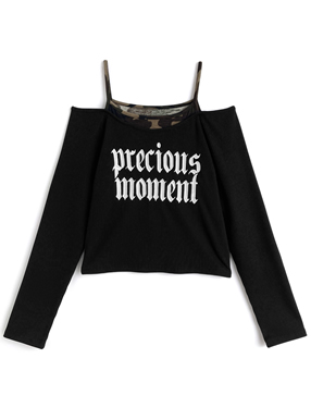 2Wayカモフラージュ柄レイヤード風ロゴ刺繍トップス