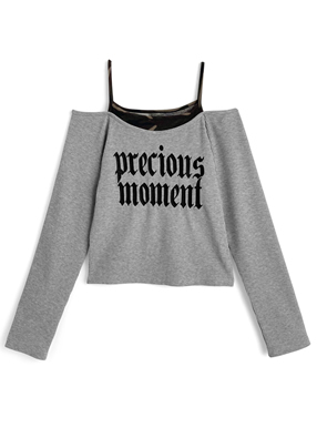 2Wayカモフラージュ柄レイヤード風ロゴ刺繍トップス