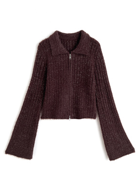 ラメシャギーダブルジップフレアスリーブリブニットトップス