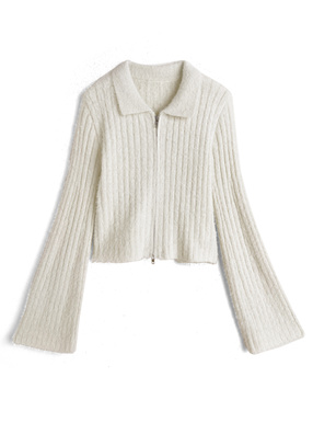 ラメシャギーダブルジップフレアスリーブリブニットトップス