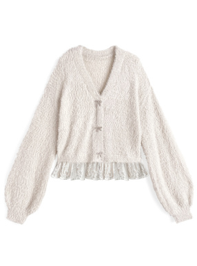 ビジューリボンレースドッキングラメシャギーニットトップス