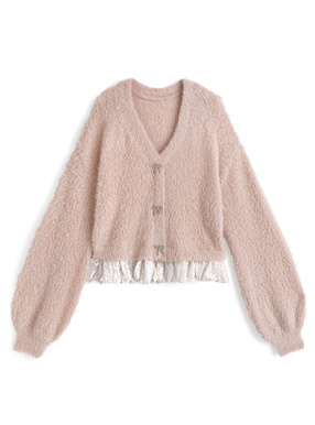 ビジューリボンレースドッキングラメシャギーニットトップス