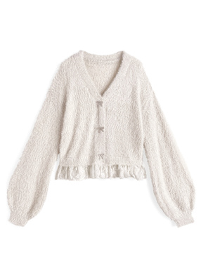 ビジューリボンレースドッキングラメシャギーニットトップス