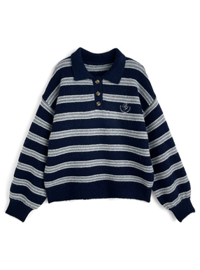 ボーダー柄ロゴ刺繍ポロニットトップス