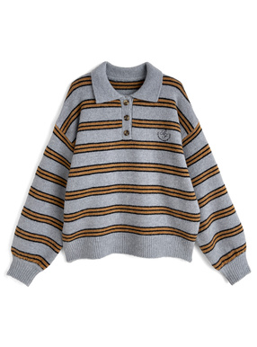 ボーダー柄ロゴ刺繍ポロニットトップス