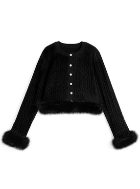 ファーケーブル編みニットカーディガン