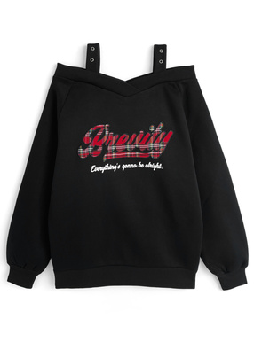 チェック柄ロゴオフショルダースウェットトップス