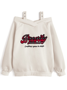 チェック柄ロゴオフショルダースウェットトップス