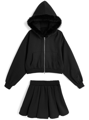 ファーフードパーカー×フレアミニスカートスウェットセットアップ