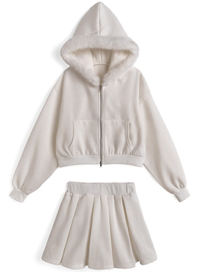 ファーフードパーカー×フレアミニスカートスウェットセットアップ