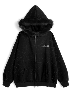 ファーフードダブルジップラメスウェットパーカー