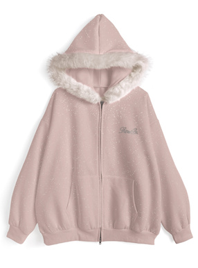 ファーフードダブルジップラメスウェットパーカー