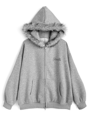 ファーフードダブルジップラメスウェットパーカー