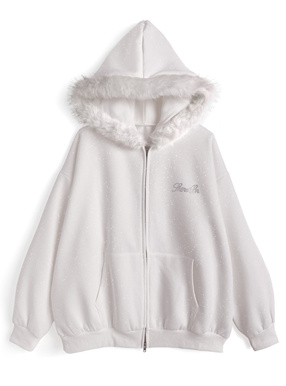 ファーフードダブルジップラメスウェットパーカー