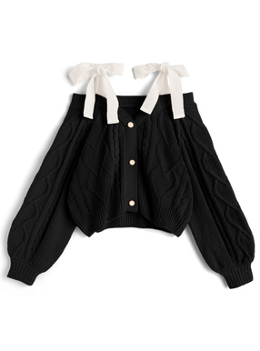 オフショルダーリボンケーブル編みニットカーディガン