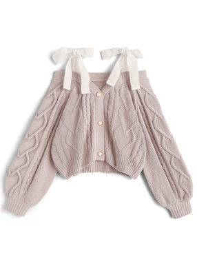 オフショルダーリボンケーブル編みニットカーディガン