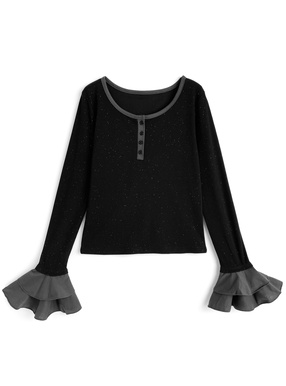 配色ヘンリーネックフリルスリーブラメリブトップス