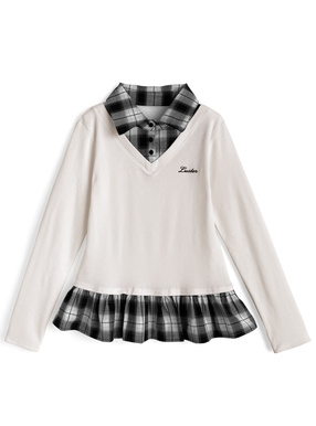 チェック柄シャツレイヤード風トップス