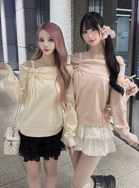 ドロストリボンオフショルダーニットトップス